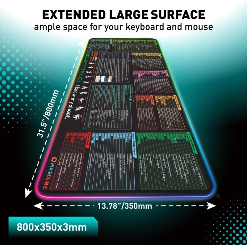 Pixiecube Excel Shortcut Keys LED Mouse Pad - Colorful RGB Luminous Extended Large Cheat Sheet Gaming Mousepad| PC Office Spreadsheet Keyboard Mat| Non-Slip Stitched Edge - Image 2